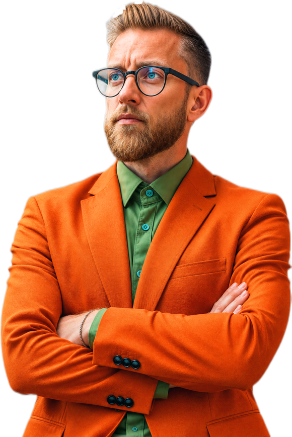 Professional in an orange blazer, arms crossed